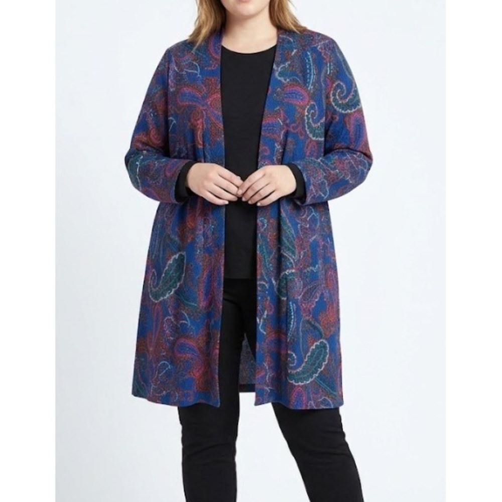 Susan Graver Cardigan 2X Blue Paisley Open Front Longline Knit Comfy Stretch